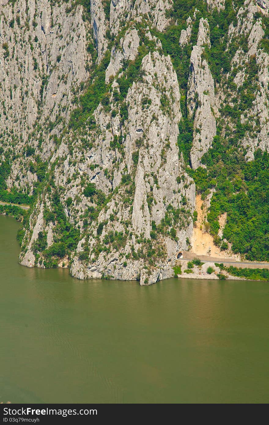 Landscape in the Danube Gorges Cazanele Mari seen from the Romanian side.