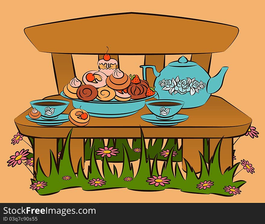 Tea Set And Sweet Cakes On Bench