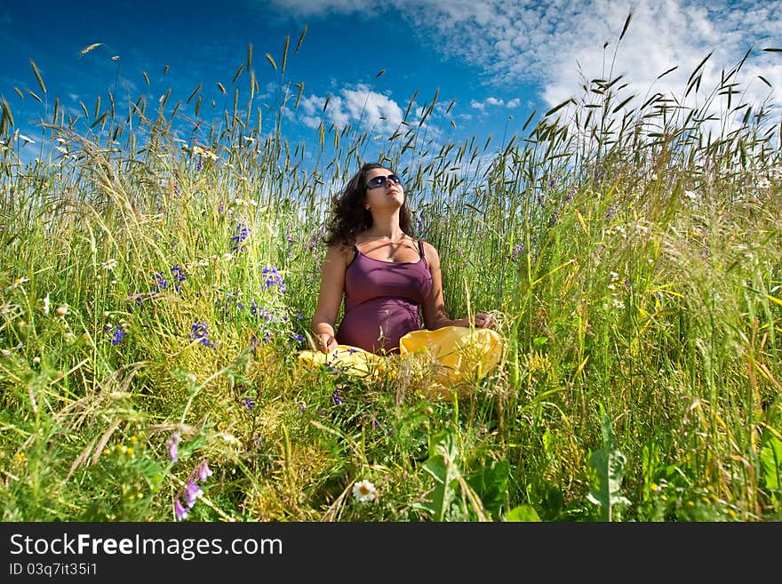 Pregnant woman on green grass field under blue sky