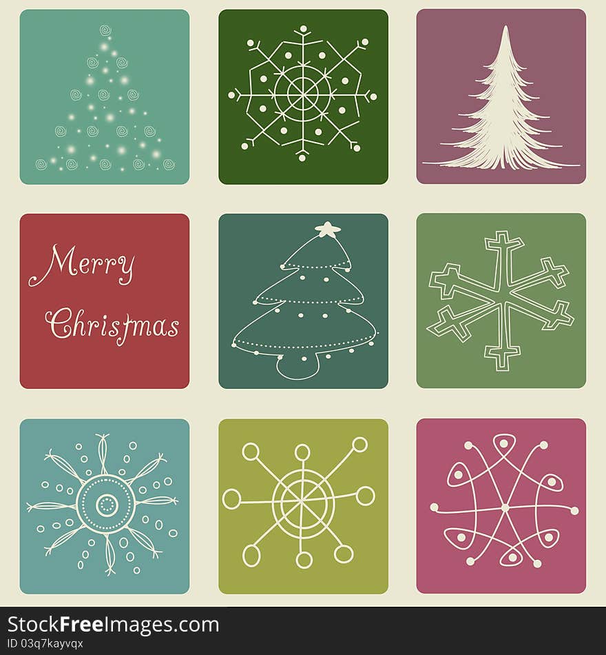 Christmas card with abstract trees and snowflakes