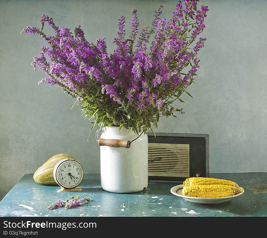 Pink flowers and corn