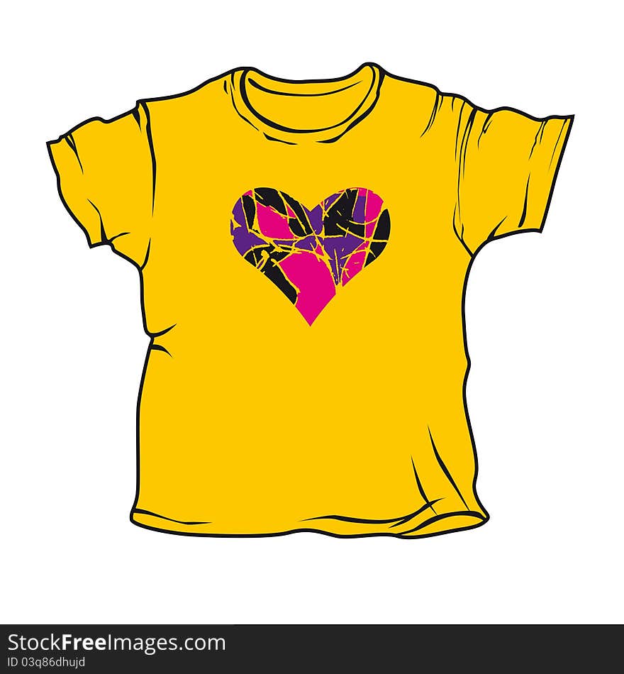 Yellow T-shirts with a pattern of decorative hearts, isolated on a white background. Figure T-shirts on a separate layer.