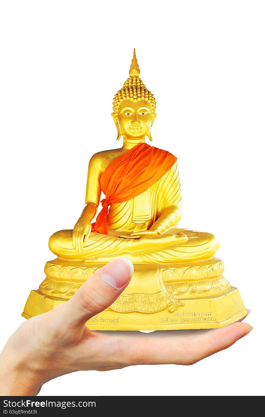 The buddha image is supporting by hand. The buddha image is supporting by hand