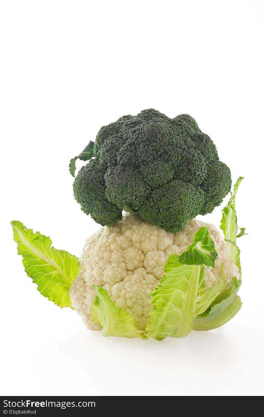 Cauliflower and broccoli stack on white background