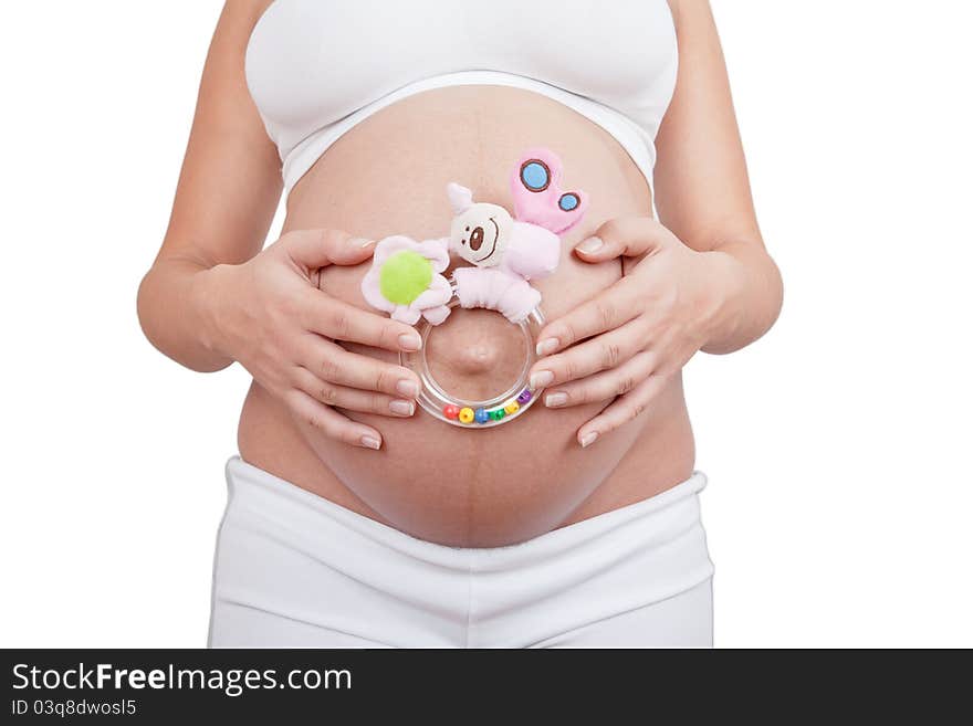 Young european pregnant woman hold rattle