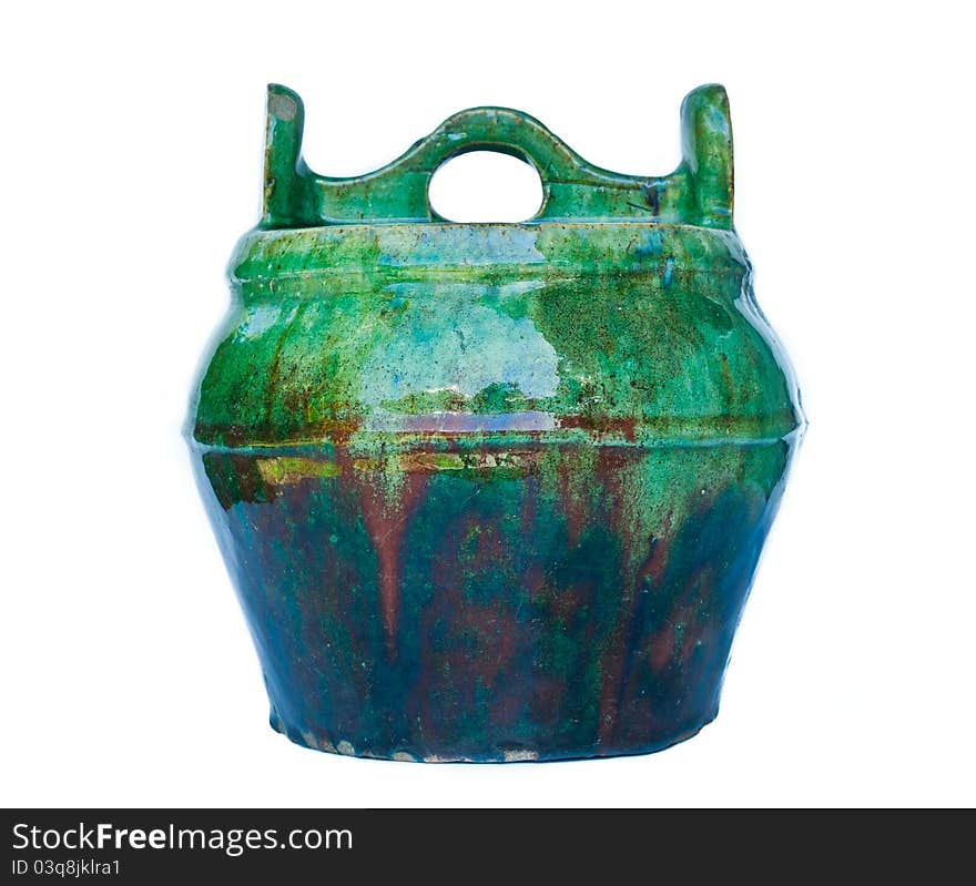 Old green color Chinese ceramic on white background