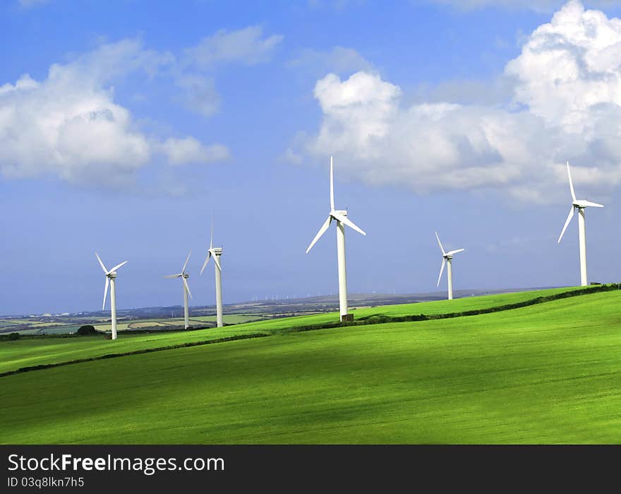 Wind farm on a remote hill side in Cornwall England. Wind farm on a remote hill side in Cornwall England