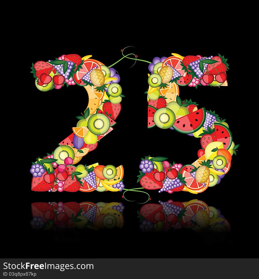 Number twenty five made from fruits. vector