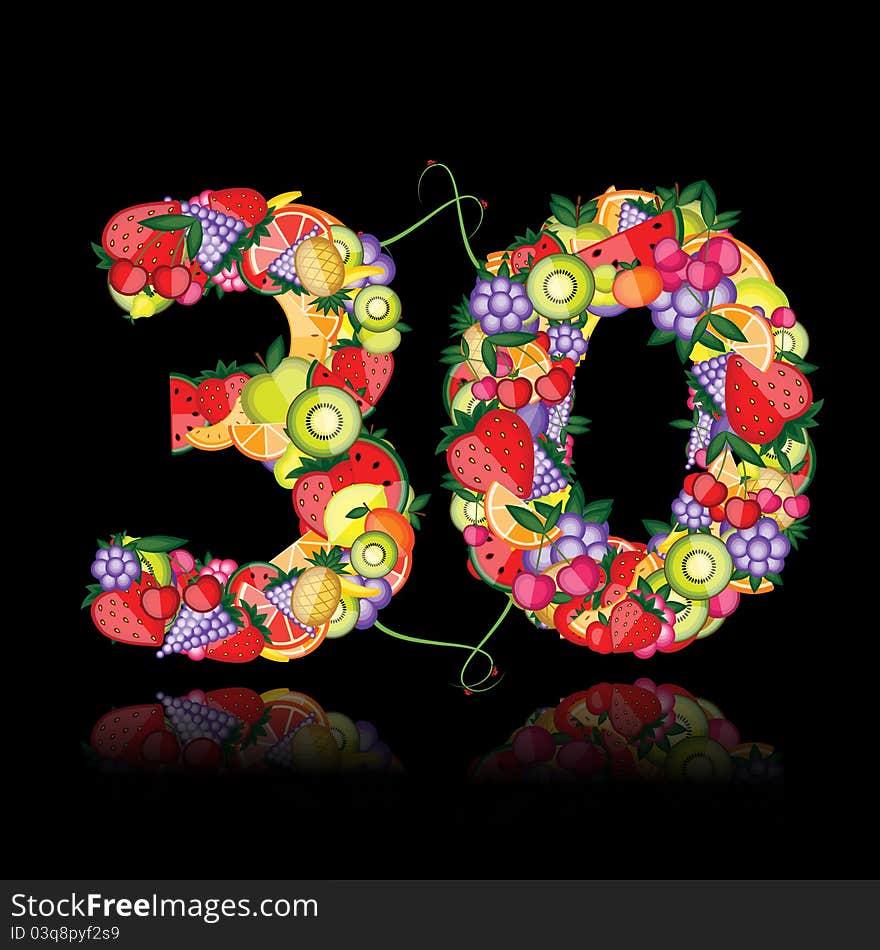 Number thirty made from fruits. vector