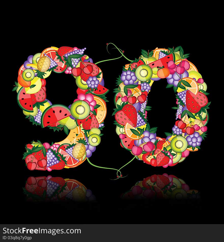 Number ninety made from fruits.