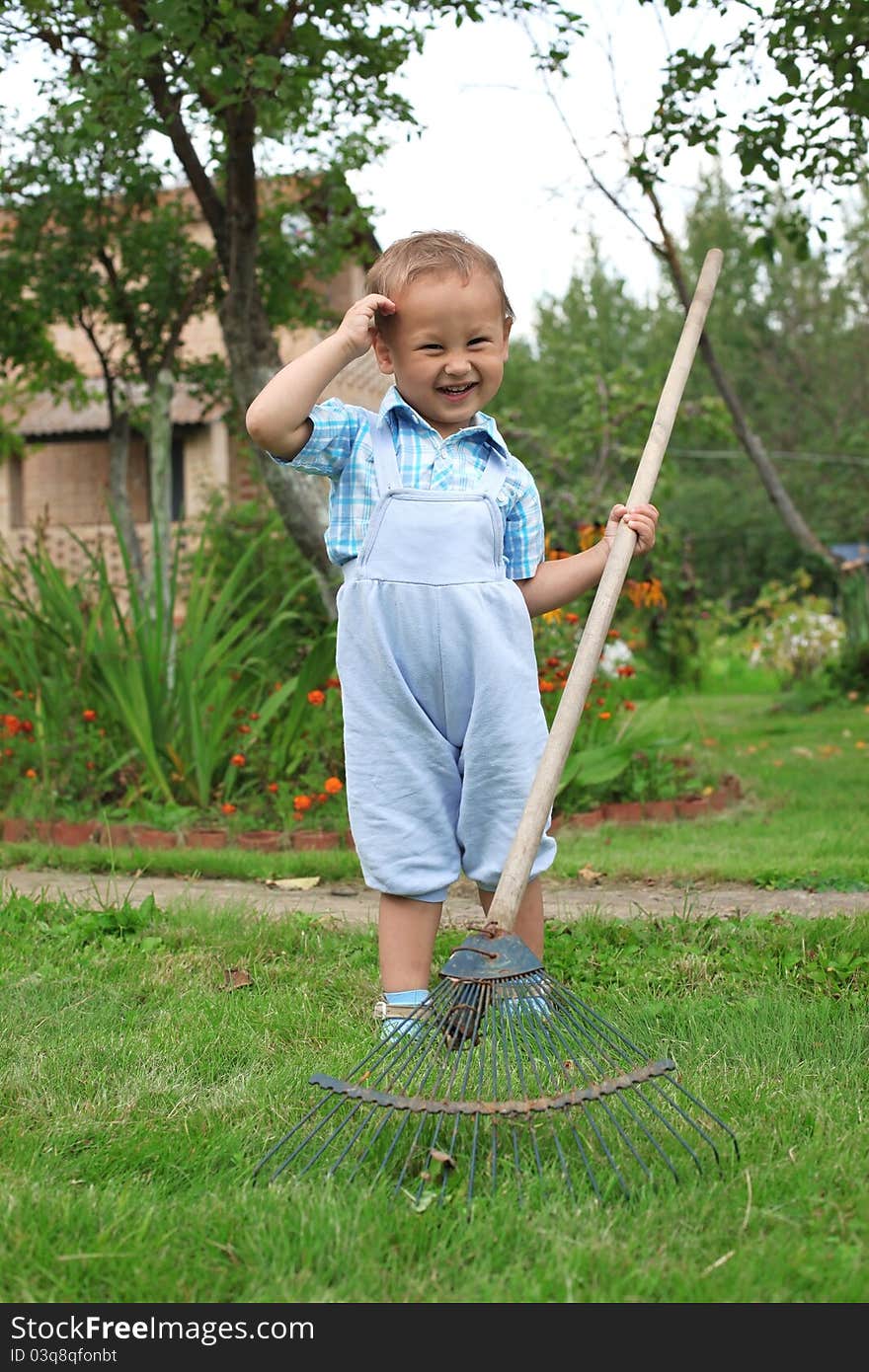 Little boy raking in the garden. Little boy raking in the garden