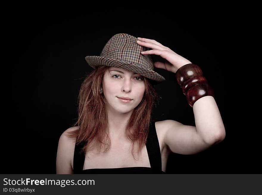 Smiling Girl In Hat, Black Background