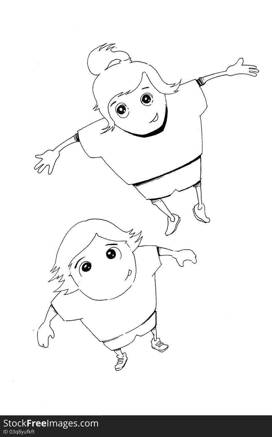 Hand drawn joyful boy and girl jumping, black and white