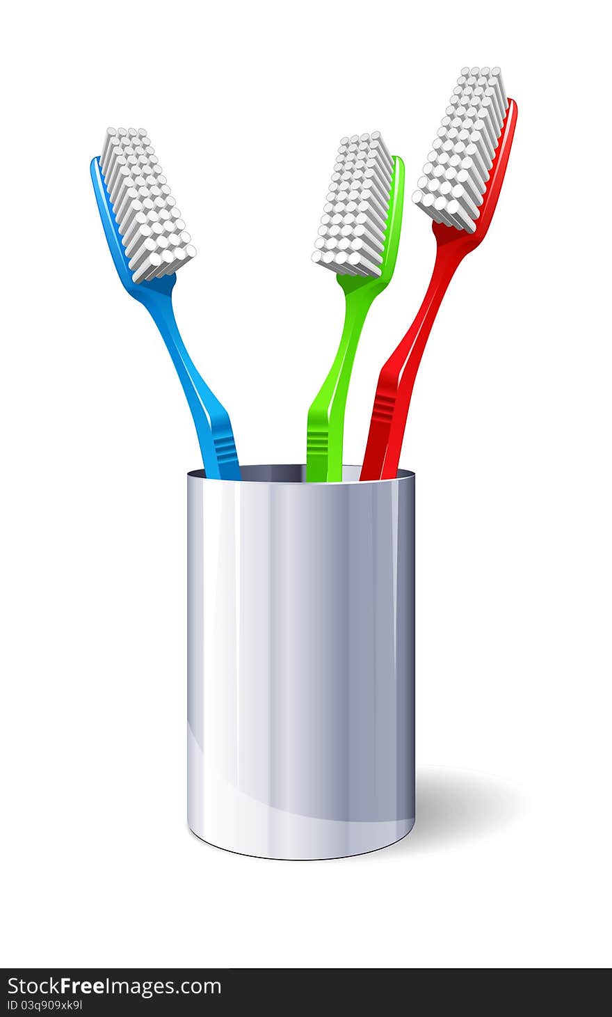 Three Color Toothbrushes In Metal Glass