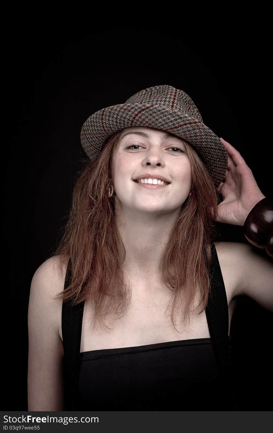 Smiling Girl In Hat, Black Background