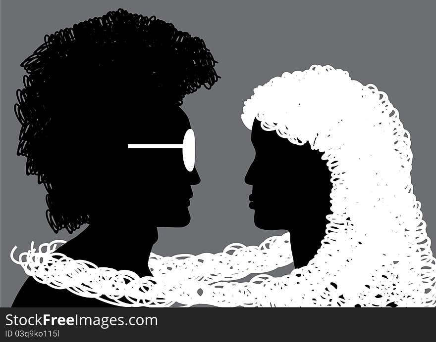 Profile of man and woman with stylish hair and glasses. Profile of man and woman with stylish hair and glasses