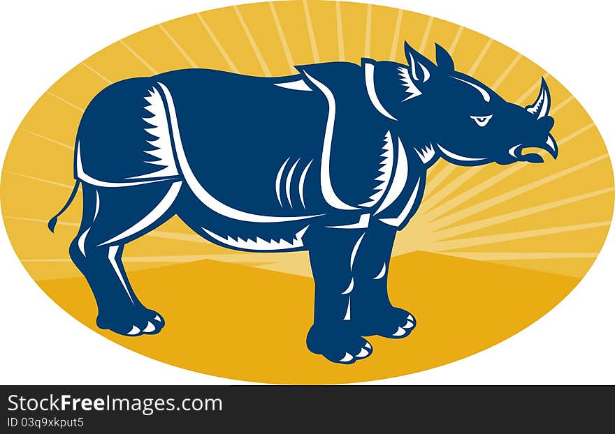 Illustration of a rhinoceros facing side view done in woodcut style set inside an ellipse with sunburst in background. Illustration of a rhinoceros facing side view done in woodcut style set inside an ellipse with sunburst in background