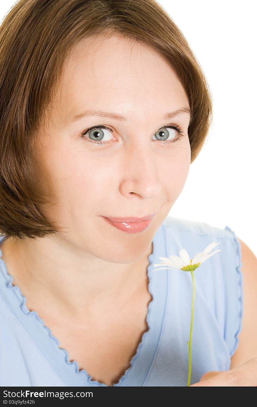 Girl with daisies on a white background.