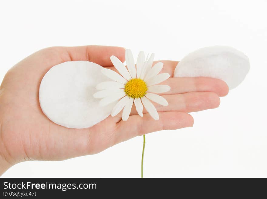 Cosmetic drives and daisy flower on a female palm on a white background. Cosmetic drives and daisy flower on a female palm on a white background.