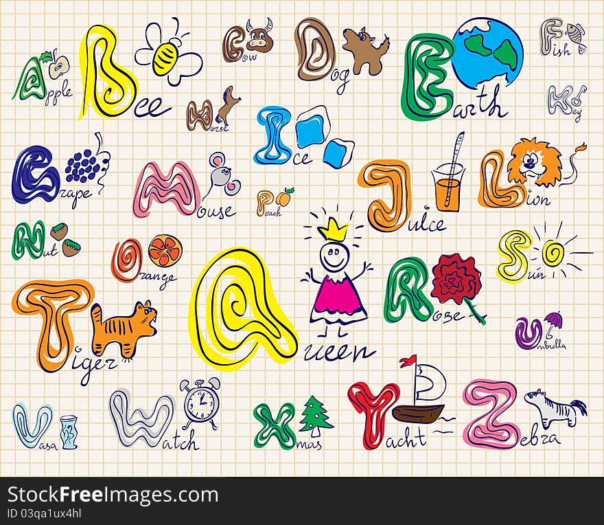 Vector alphabet with a colored handwriting icons. Vector alphabet with a colored handwriting icons