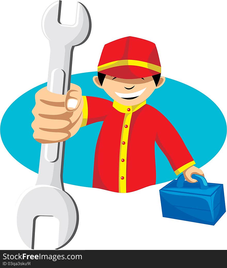 Symbolizes the hospitality of a mechanic with a smile and readiness to help the problem a customer vehicle. Symbolizes the hospitality of a mechanic with a smile and readiness to help the problem a customer vehicle