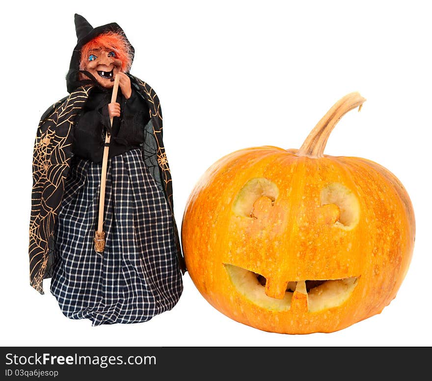 Pumpkin and witch on Halloween on a white background