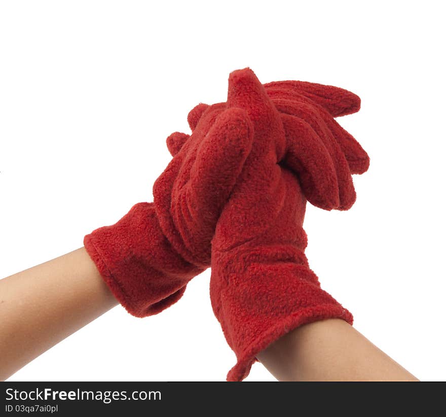 Red autumn gloves on his hands on a white background