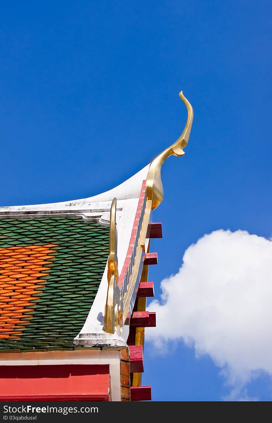 Detail of ornately decorated temple roof in bangkok, thailand