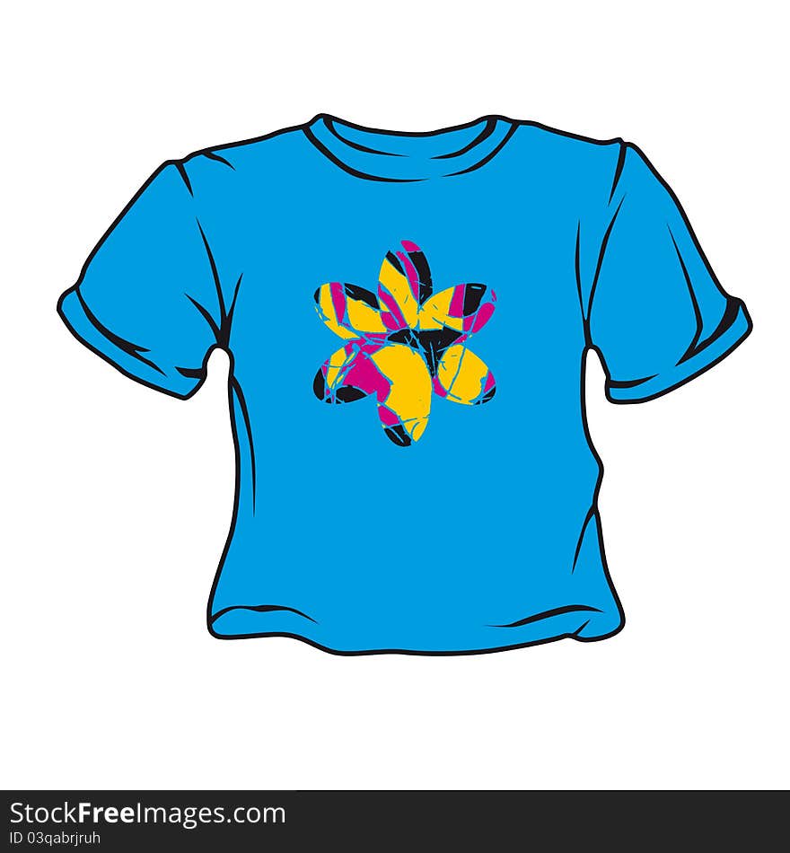 Blue T-short with picture in the form of a decorative flower, isolated on a white background. Figure T-shirts on a separate layer.