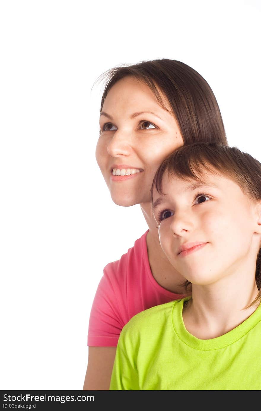 Cute mom with her little boy on white. Cute mom with her little boy on white