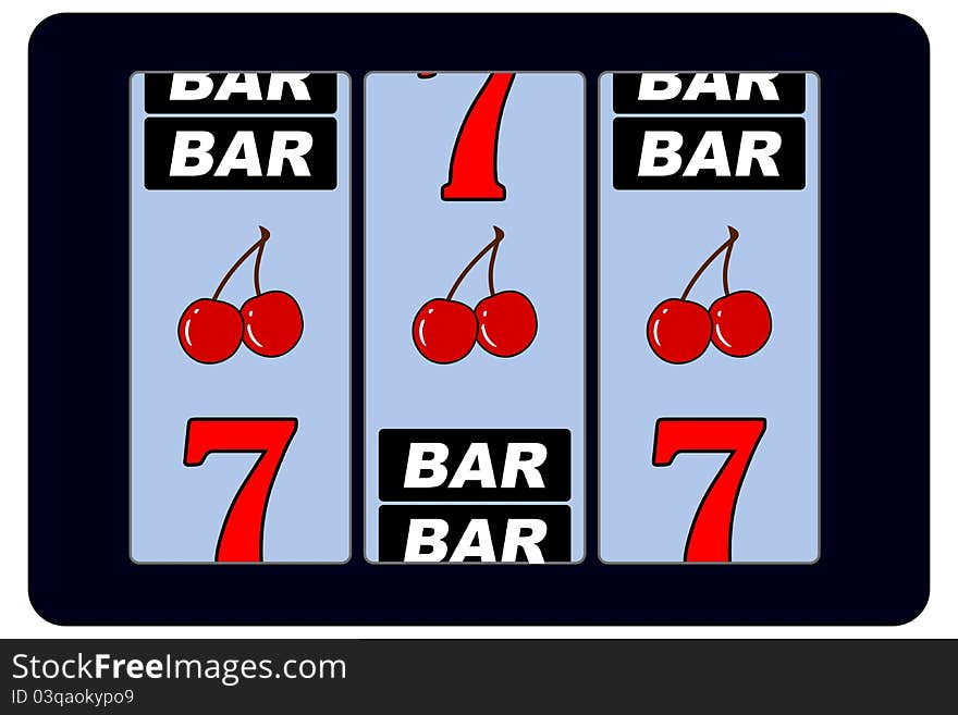 Illustration of a slotmachine with cherries seven and bar.