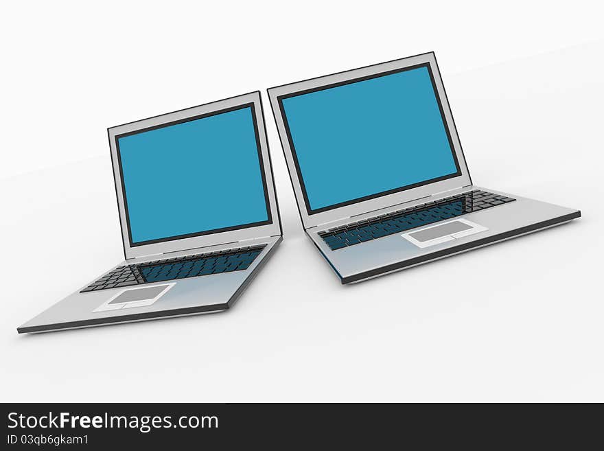 Two laptops with blue screens. Computer generated image