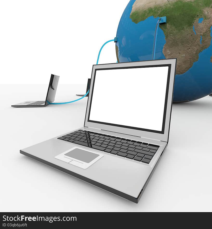 Laptops connected to the earth sphere. Computer generated image.