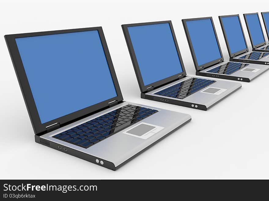 Row of Laptops with blue screen. Computer generated image.