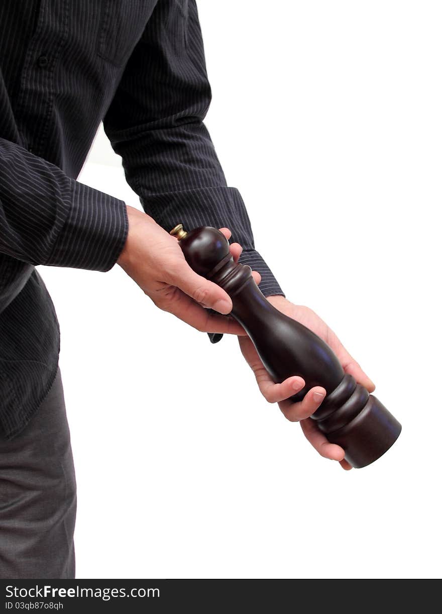 Closeup of a man presenting a pepper-mill. Closeup of a man presenting a pepper-mill