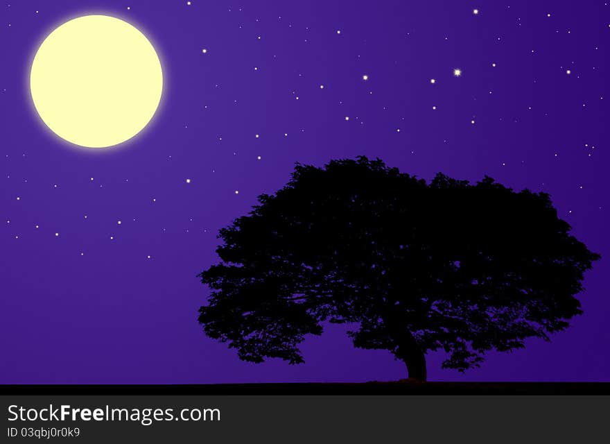 Moon tree silhouette against black background (other landscapes are in my gallery)