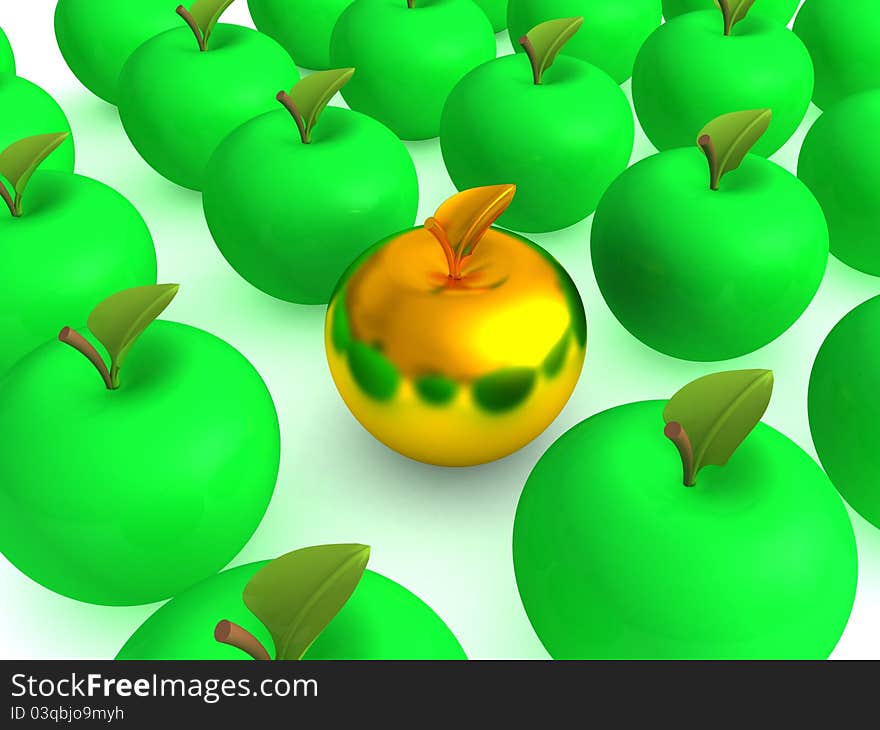 Golden apple among green apples