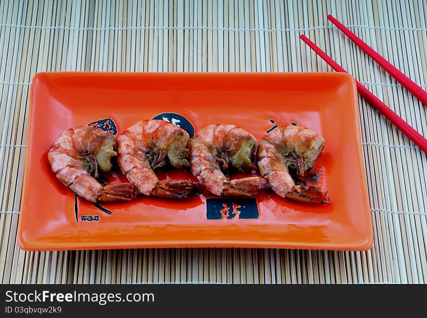 Japanese traditional cuisine. Fried shrimps