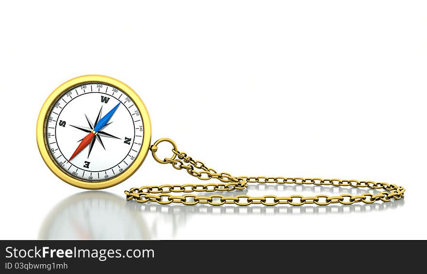 A compass with chain on white