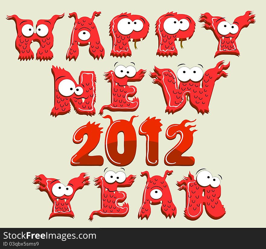 Happy new year illustration with cartoon monster letters