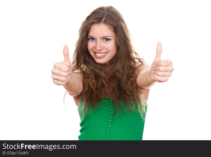 Teenage girl show thumbs up gesture, smile with white teeth