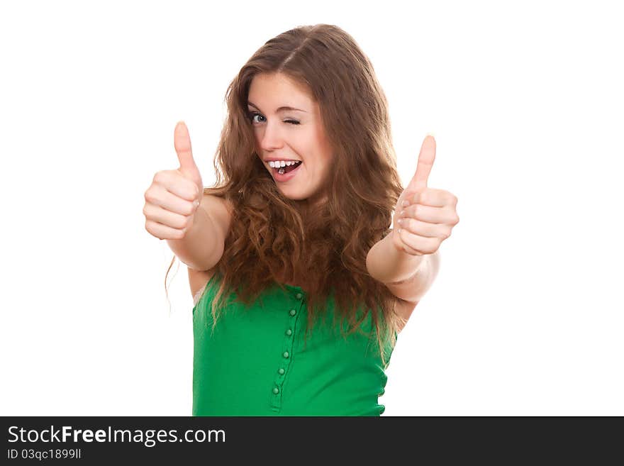 Teenage girl show thumbs up gesture, smile with white teeth