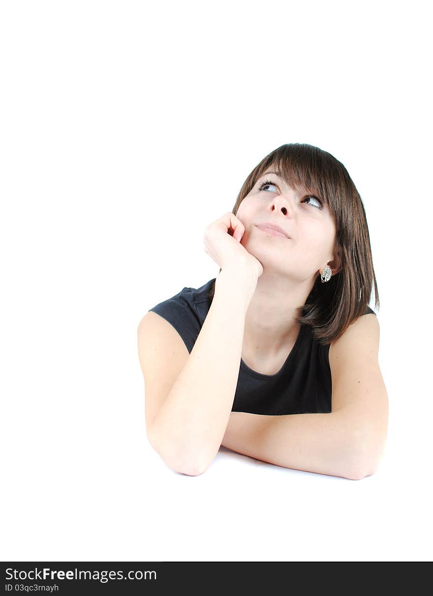 Young woman leaning on a table