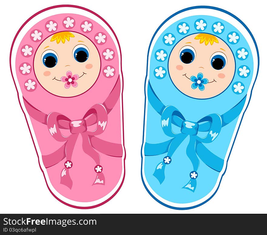 Baby boy and baby girl.Vector illustration. Isolated on white.