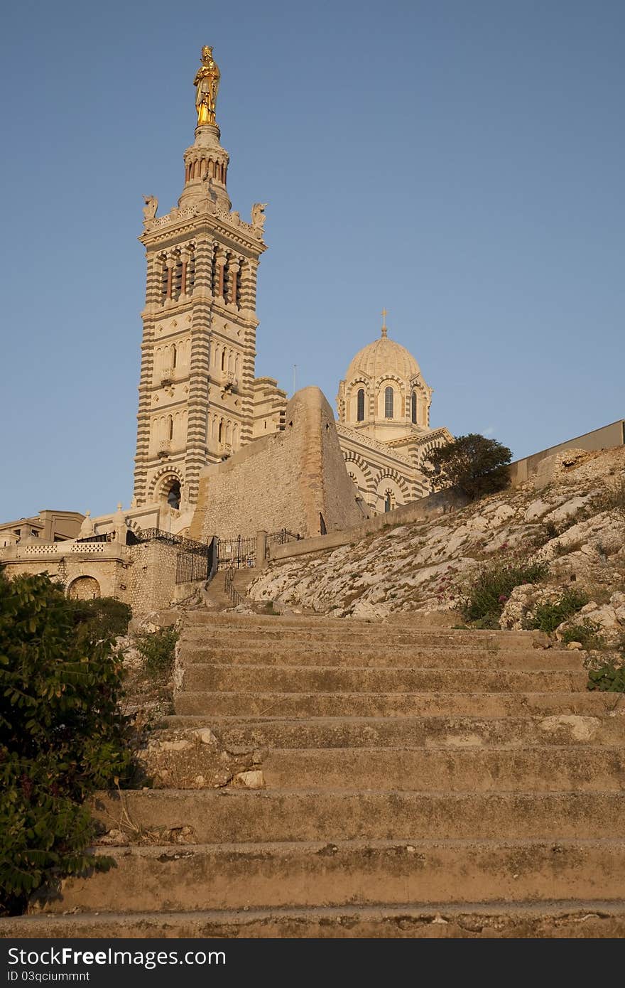 Tower and Steps Leading up to Baslique Notre Dame de la Garde Church, Marseilles; France, Europe