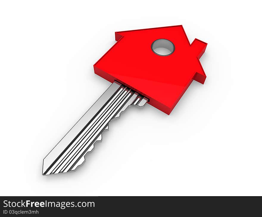 3d red house key on white background. 3d red house key on white background