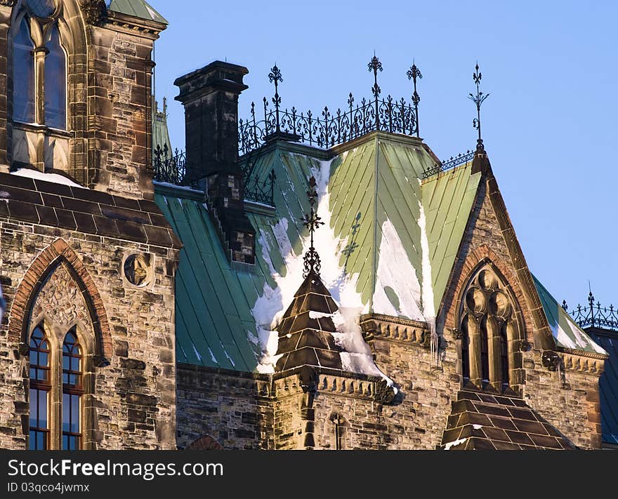 Parliament of Canada. A closeup view of the East Block gothic architecture. Parliament of Canada. A closeup view of the East Block gothic architecture.