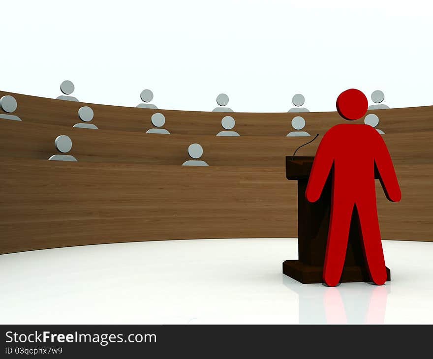 A 3D rendered image of a presentation with the presenter and his audience.