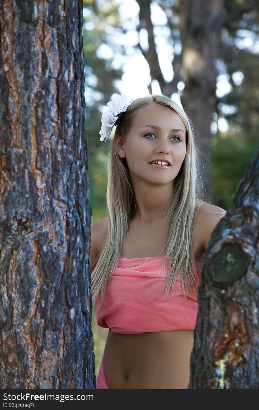 Portrait of beautiful romantic woman in  forest