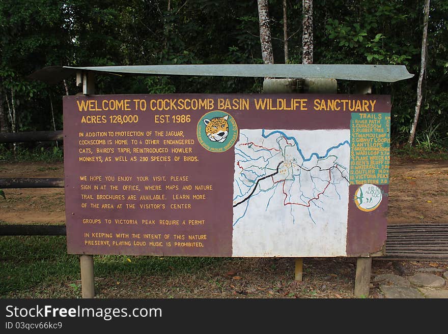 Welcome sign at the Cockscomb Basin Wildlife Sanctuary in Maya Center, Belize.